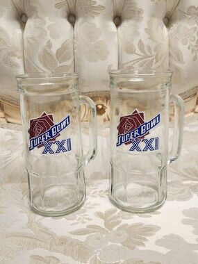 Vintage Super Bowl XXI (21) Glass Mugs, Set Of 2, 1986/7, Pasedena, Fisher, Cup